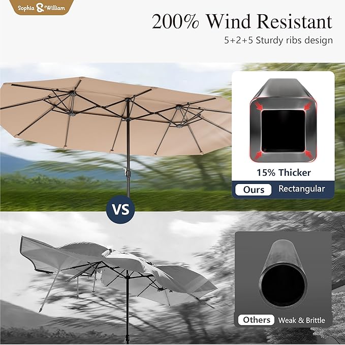 Sophia & William 15ft Extra Large Patio Umbrella with Base Included, 2-Tier Double-Sided Rectangle Outdoor Umbrella with Stand, Market Umbrella for Pool Garden Backyard, Beige