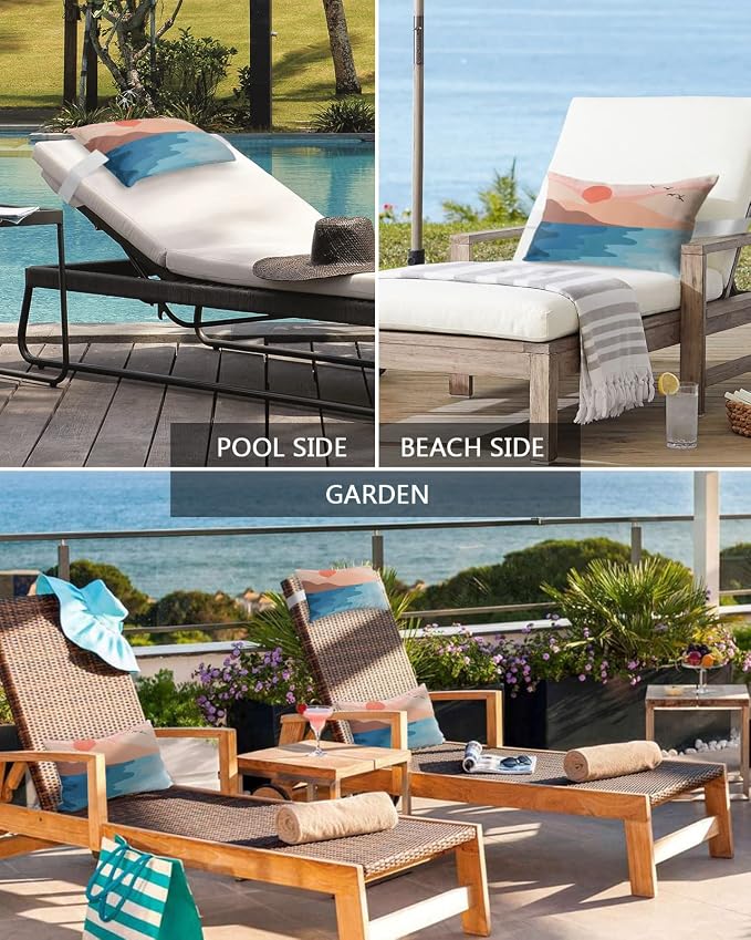 Outdoor Pillows Covers with Inserts Sunset Mountain Beautiful Blue Lake Abstract Painting Waterproof Pillow with Adjustable Strap Throw Pillows for Patio Furniture Recliner Lounge Chair, 12"x20", 1PCS