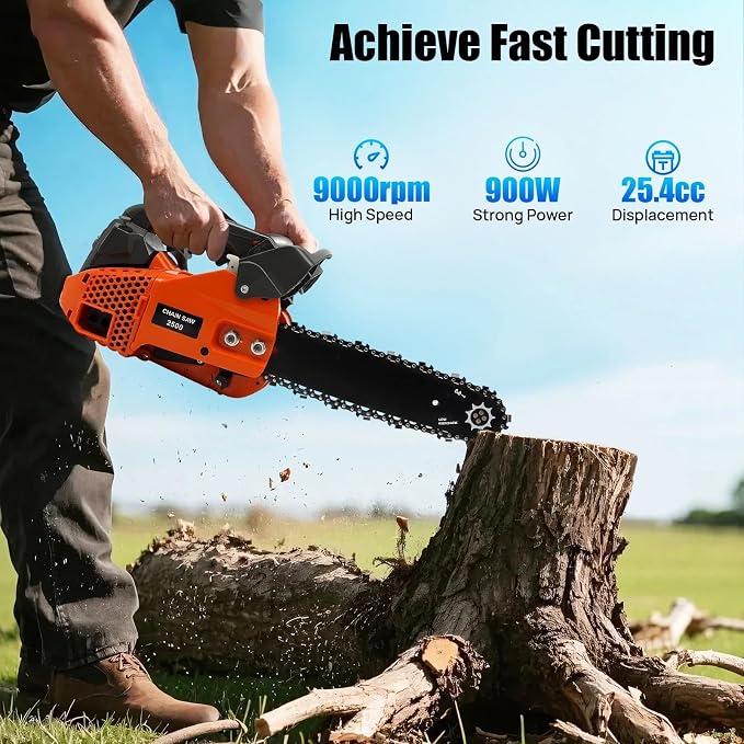 Gas Chainsaw, Gas Powered Chainsaws with Tool Bag, 2-Cycle Handheld Cordless Petrol Gasoline Chain Saw for Cutting Tree Wood Trimming Garden Farm (25.4cc 11.8inch)