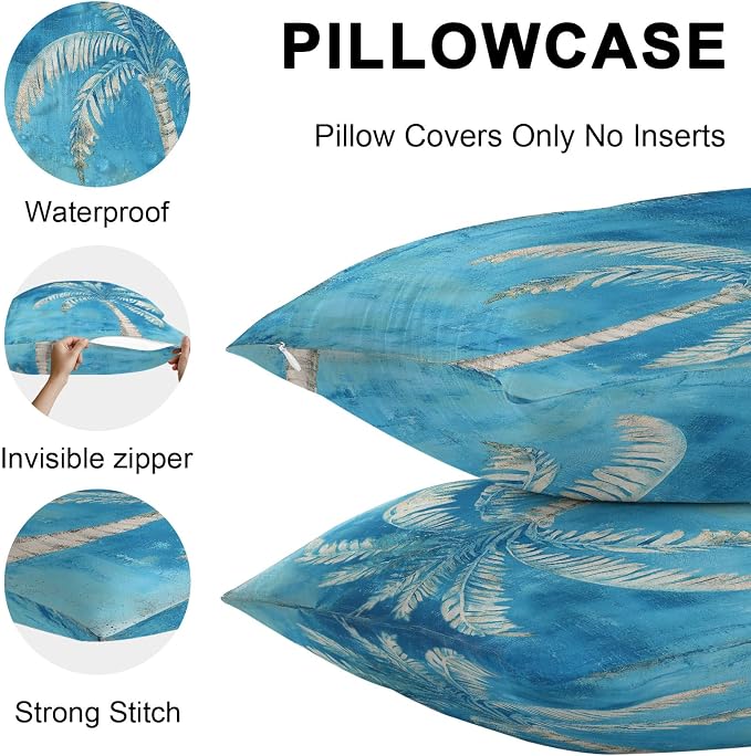 Coastal Beach Tree Blue Outdoor Waterproof Pillow Covers, Vintage Summer Palm Tropical Botanical Decorative Rectangle Throw Pillowcase Sofa Cushion Sham for Patio/Couch/Chair, 20"x12" 2 Pack