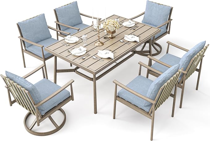 7-Piece Outdoor Dining Set for 6, Aluminum Dining Set with Cushions, 4 Dining Chair and 2 Swivel Chairs with Rope Backrest, Large Rectangular Table with Umbrella Hole for Lawn Porch Yard,Brown