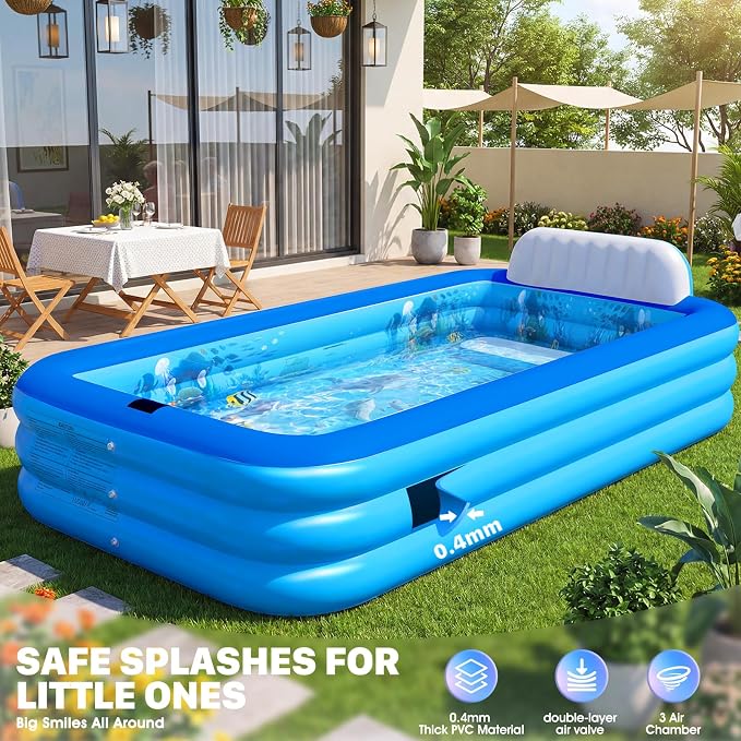 Extra Large Inflatable Pool with Lights,Upgraded Solar Powered Blow Up Pool for Adults,Inflatable Kids Swimming Pool with Seat& Backrest,Big Inflatable Kids Pool for Backyard,120x73x20IN-Blue