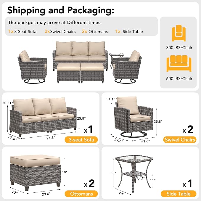 Patio Furniture Set, 6 Pcs Patio Outdoor Sectional, Wicker Outdoor Couch with Swivel Chair, Ottomans, Side Table, 4" Thick Cushion, for Garden Backyard Deck,Khaki