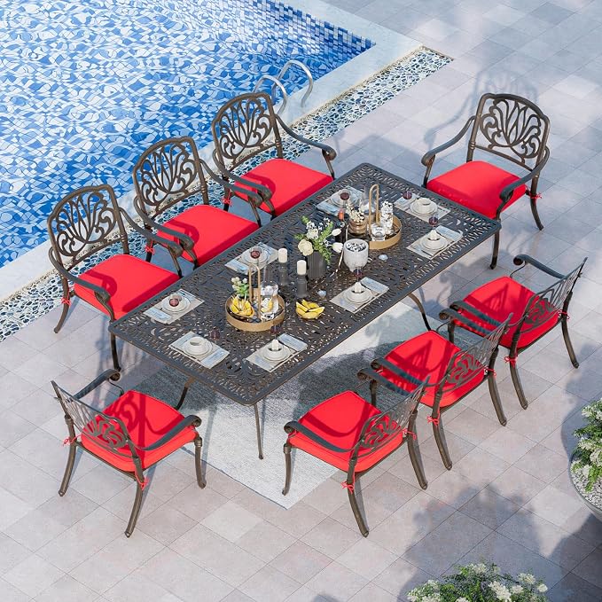 Grepatio 9 Piece Cast Aluminum Patio Furniture Set Outdoor Dining Set Bistro Furniture Set with 8 Armchairs and Dining Table, 8 Cushions for Backyard Garden Poolside (Red)