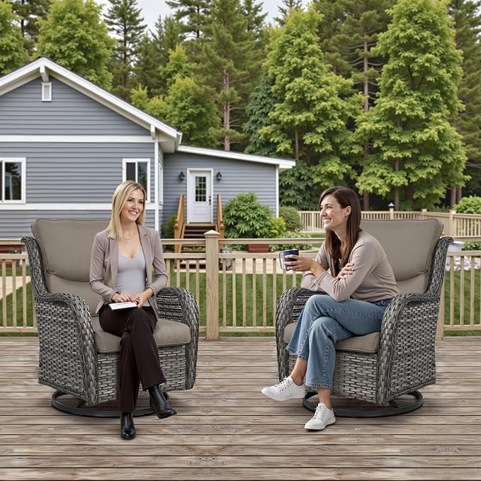 Outdoor Swivel Rocker Patio Chairs Set of 4 with Ottoman Coffee Table - 5" Thick Cushion 7 Piece Furniture Set All Weather Comfortable Wicker Conversation Set for Porch Deck - Gray/Gray