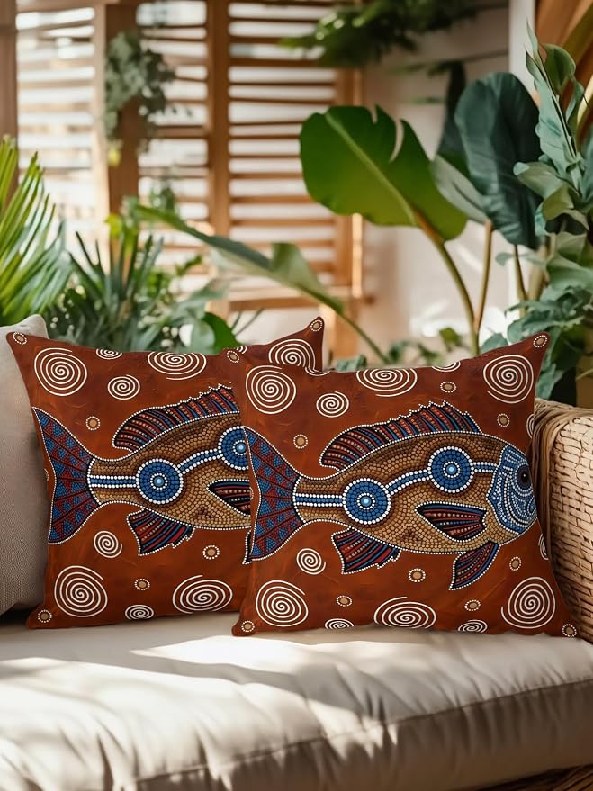 Outdoor Pillows Waterproof Set of 2, Southwest Tribal Decorative Throw Pillows for Patio Couch Bed Camping, Vintage Rustic Fish Motifs Wooden Texture Indoor Outdoor Pillow with Inserts Included 18x18