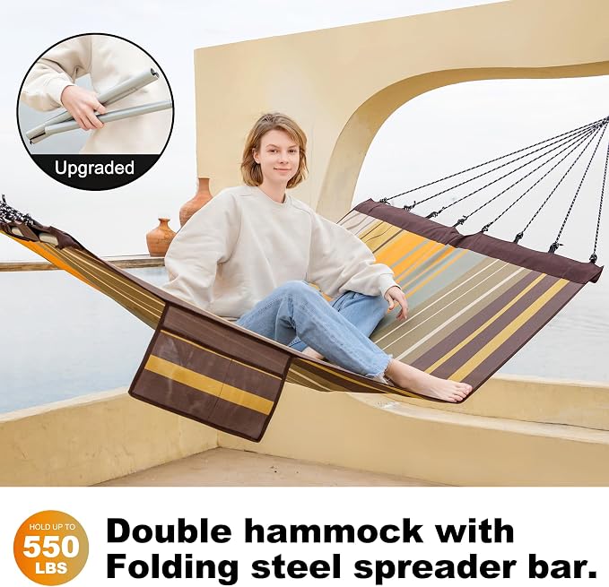 GAFETE 14ft 2 Person Hammock for Outside, Quick Dry Textilene, Portable Hammocks Without Stand with Folding Steel Spreader Bar, Carrying Bag, Tree Straps, Pillow & Sidebag, 550 lbs Capacity (Coffee)
