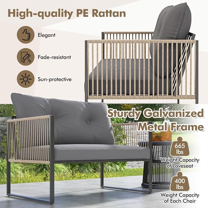 Tangkula 8 Pieces Patio Furniture Set, Outdoor PE Rattan Conversation Sofa Set with Thick Cushions and 2-Tier Tempered Glass Coffee Table for Garden, Porch, Balcony and Backyard