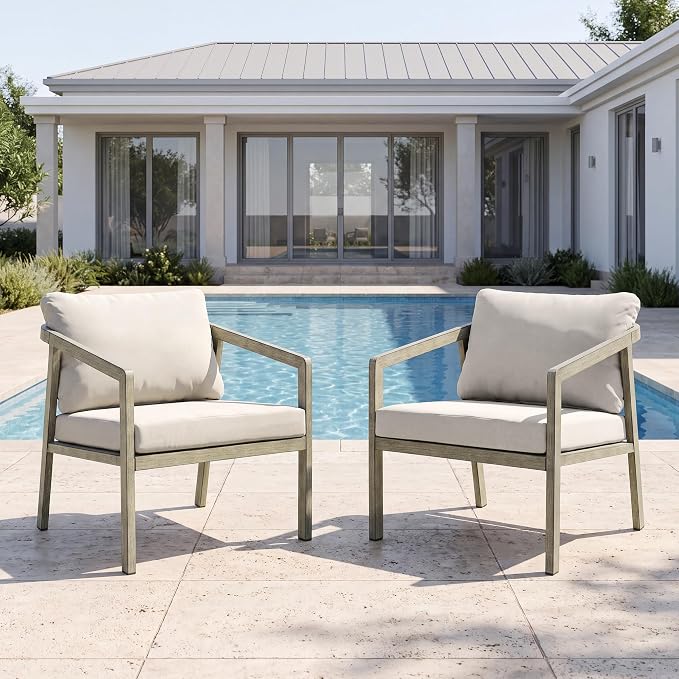 Patio Sofa Chairs Set of 2, Never-Rust Aluminum Outdoor Club Chairs with Washable Thick Cushions, All-Weather Modern Armchair Set for Porch, Deck, Garden, Backyard (Grey+Beige)