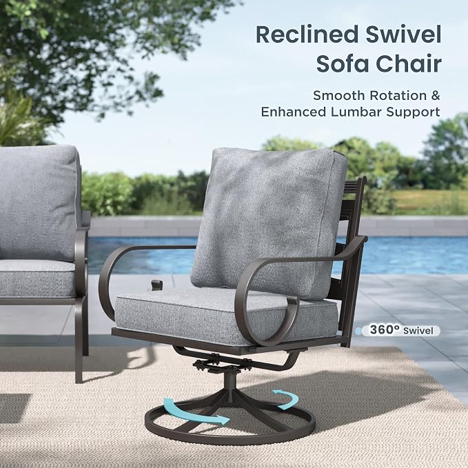 PHI VILLA Patio Furniture Set, 3-Seater Sofa, 2 Swivel Chairs and a 45" Fire Pit Table, Outdoor Metal Conversation Set with 5.75" Extra Thick Cushion for Garden Backyard Deck, Grey