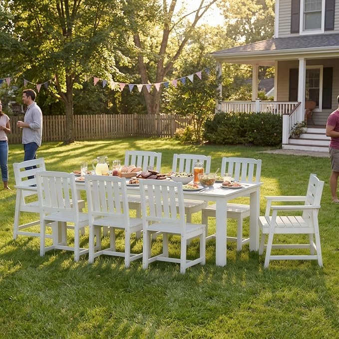 Ayge 9-Piece Outdoor Dining Set – HDPE Patio Furniture for 8 with 2" Hole Cut-Out Table & 8 Chairs, Perfect for Pool, Patio, Garden, White