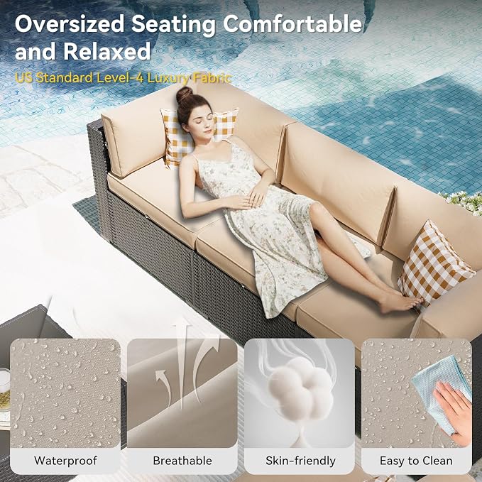 Aoxun Patio Furniture Set, 7 Piece Outdoor Sectional Sofas with Waterprool Cover, Wicker Rattan Outdoor Furniture Patio Conversation Set for Backyard, Garden Beige