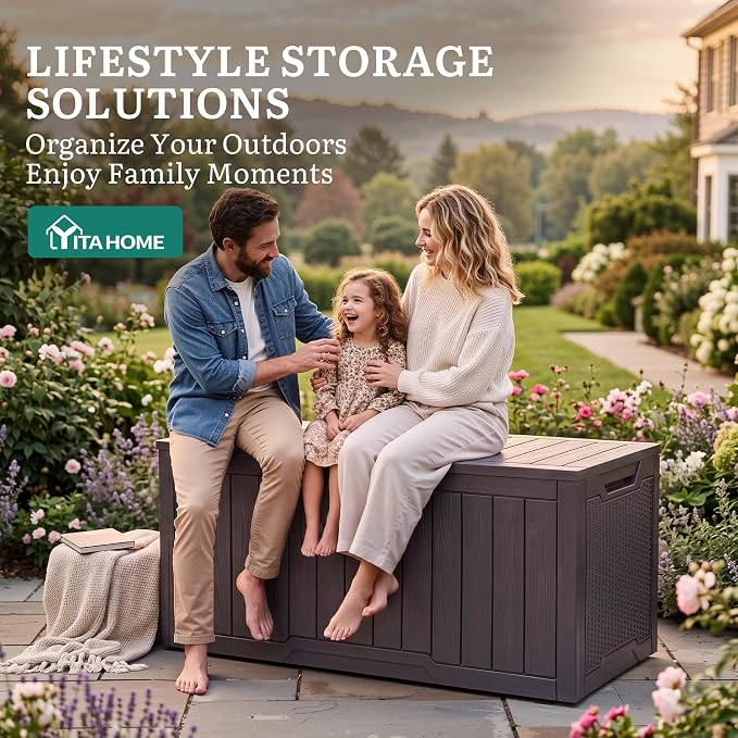 YITAHOME 100 Gallon Outdoor Storage Box, Large Water Resistant Resin Deck Box, Indoor Outdoor Lockable Storage Container for Patio, Garden, Cushions, Tools, Equipment (Dark Brown)