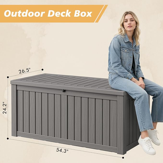 Fancyango 150 Gallon Outdoor Deck Box Waterproof, Large Storage Box for Patio, Resin Storage Bench Lockable for Garden Tools, Package Delivery, Grey
