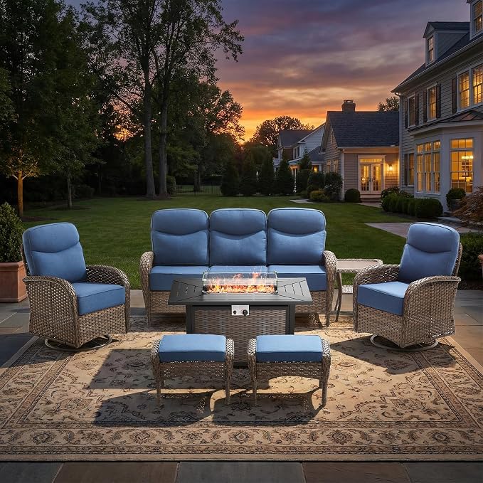 Luxury Patio Furniture Set with Fire Pit Table, Outdoor Furniture Set with High Back Swivel Chairs & 6-inch Thick Cushions, 7 PCS Fire Pit Patio Set for Yard, Deck, Poolside, Brown/Blue