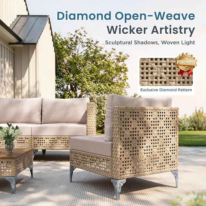 PHI VILLA 6-Seat Wicker Patio Furniture Set, Boho Outdoor Conversation Sofa Set with Acacia Coffee Table and Beige Cushions