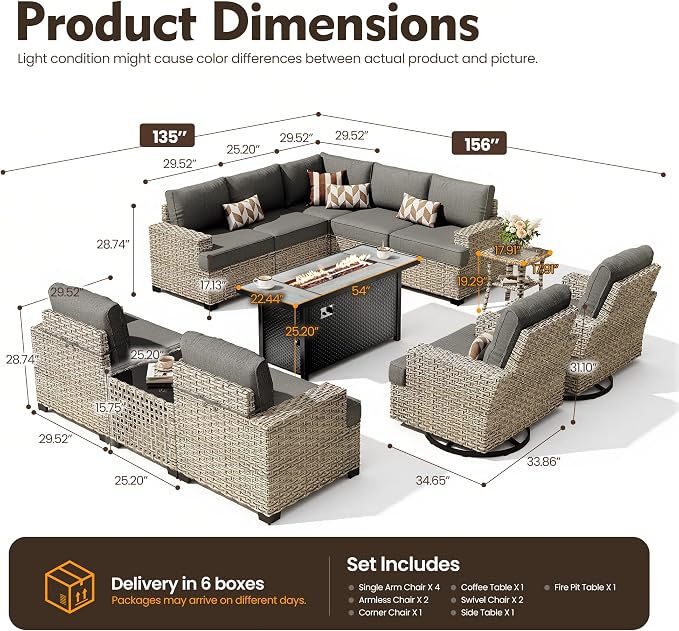 HOOOWOOO Sectional Patio Furniture Set with Fire Pit Table,12 Pieces Wicker Outdoor Furniture L Shaped Couch,Outside Conversation Set Extra Deep Sofa Wide Arm Swivel Chairs Solar Light,Black