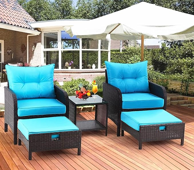 AVAWING 5 Pieces Patio Furniture Set, Outdoor Rattan Chairs with Tempered Glass Coffee Table, Ottomans & Soft Cushions, Wicker Conversation Bistro Set for Garden, Porch, Deck, Balcony (Blue)