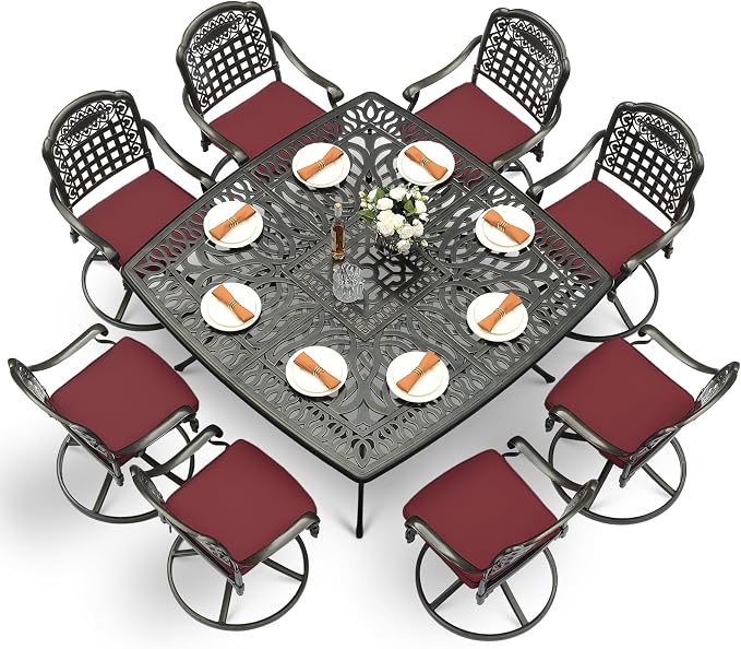 VIVIJASON 9-Piece Outdoor Dining Furniture Set, Cast Aluminum Patio Table & Chairs Set for 8, Include Large 64" Square Dining Table and 8 Swivel Rocker Chairs with Umbrella Hole, Red