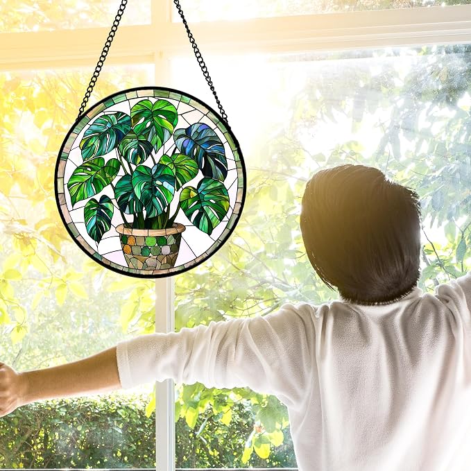DASTOLL Stained Glass Window Hanging, Green Plant Monstera t Suncatcher Diamond Colorful Glass Panel Sun Catchers Decor for Birthday for Women, Men, Wife, Aunt, and Mom 6.3 in