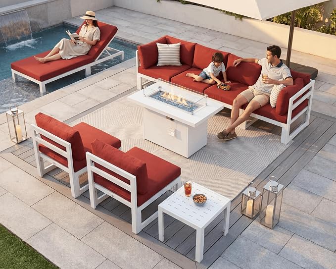 NICESOUL 9 Piece Large Contemporary Aluminum Outdoor Furniture Set with Chaise Lounge & Fire Pit Table, 29" Deep Couch Set, 500 lbs High Weight Capacity Patio Sectional Sofa for Poolside, Burgundy
