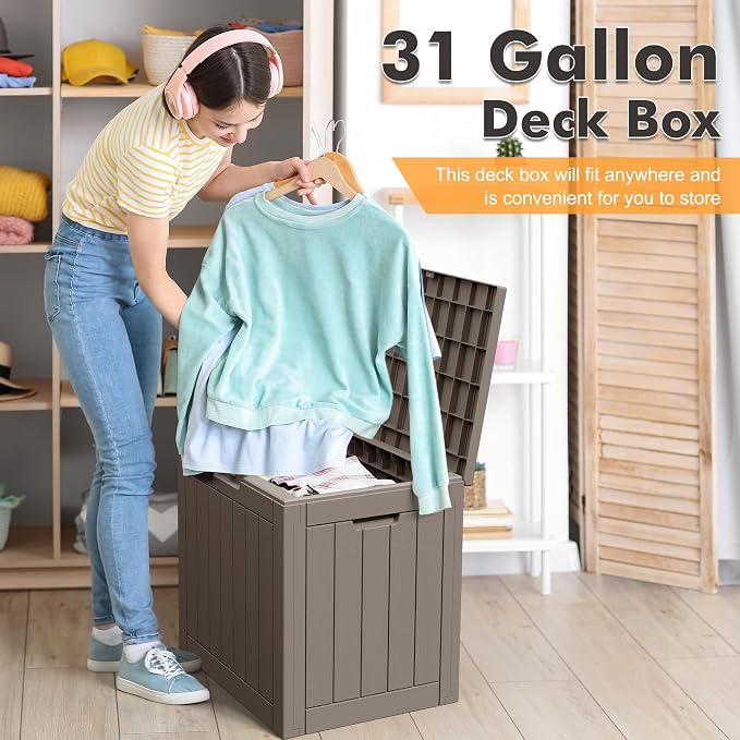 Bifanuo Outdoor Storage Box, 31 Gallon Deck Boxes Waterproof, Resin Storage Cabinet Multi Functional Storage Bench For Gardening Tools, Pool Supplies, Patio Furniture, Lockable