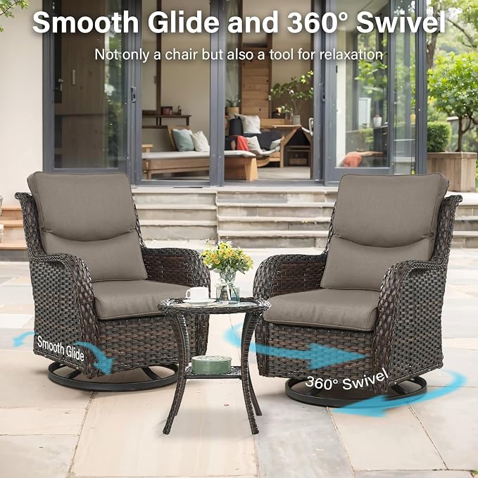 Outdoor Swivel Rocker Patio Chairs with 5" Thick Cushion - 3 Piece Wicker Bistro Set with Side Table, High Back Comfty Outdoor Glider Chairs for Balcony, Porch, Deck, Poolside - Brown-Gray