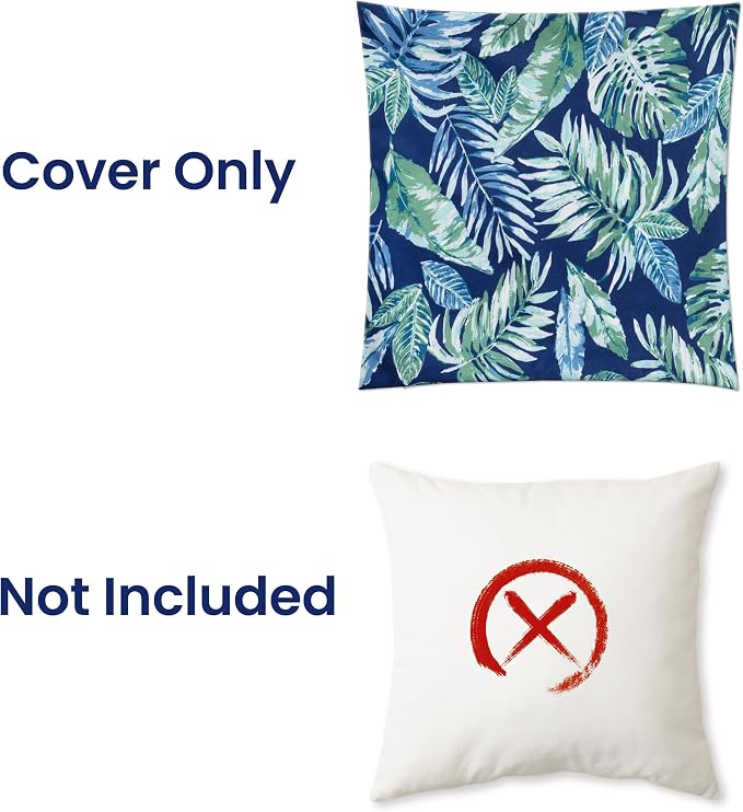 Outdoor Pillow Covers 16x16 Inch, Waterproof Decorative Pillow Covers Pack of 2, Water-Resistant Pillow Case for Patio Furniture Tent Garden, Blue Green Tropical Leaves, Cover ONLY