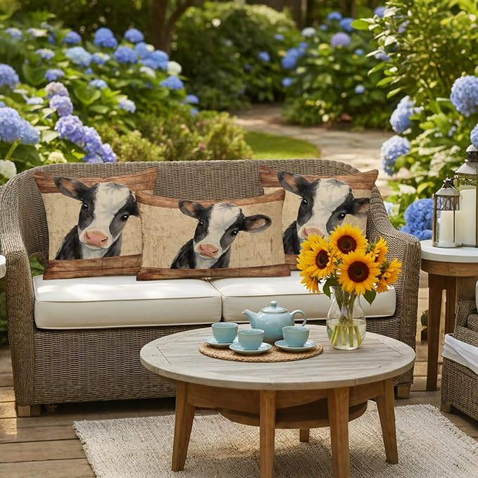 Farmhouse Cow Outdoor Pillow Covers 18x18 Inch Throw Pillow Covers Set of 2 Waterproof Decorative Pillow Cases Country Vintage Animals Wooden Grain Cushion Covers for Patio Furniture Garden Couch Sofa