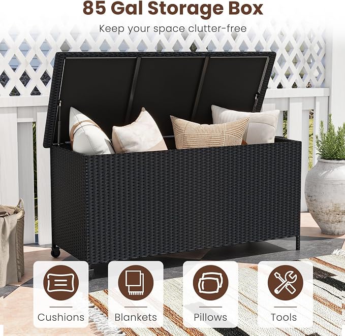 Tangkula Rattan Deck Box, 85 Gallon Storage Container with Waterproof Liner, Wheels & Gas Strut, Indoor Outdoor Wicker Storage Cabinet, Storage Furniture for Pillows, Cushions (Black)