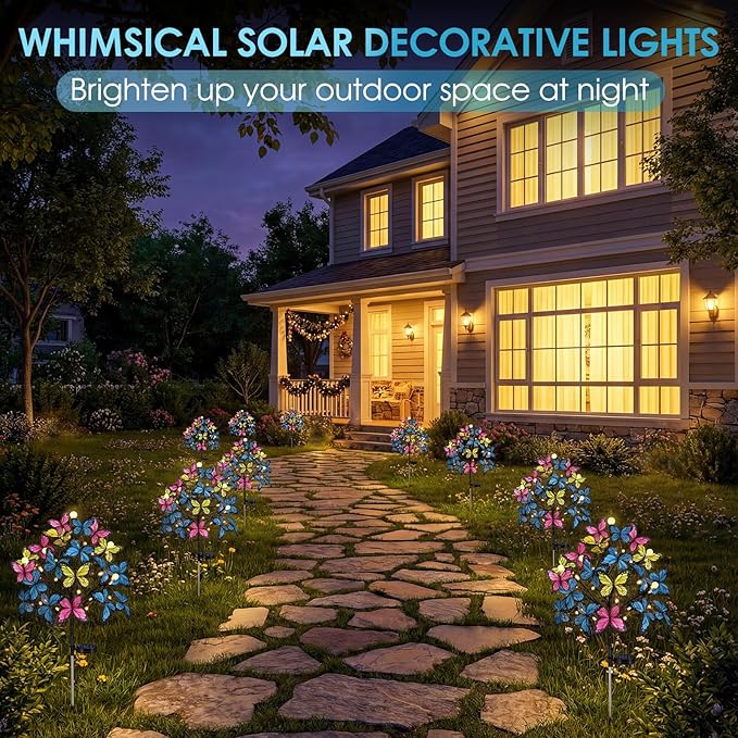 Meagoo Butterfly Solar Lights for Outside, 800mA Whimsical Solar Powered Butterfly Garden Stakes with 20 Butterflies for Outdoor Yard Lawn Flower Garden Cemetery Mothers Day Grave Decorations (4 Pack)