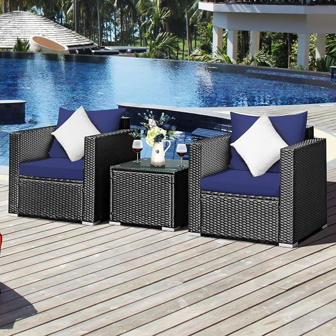 Tangkula 3 Pieces Patio Furniture Set, PE Rattan Wicker Sofa Set w/Washable Cushion and Tempered Glass Tabletop, Outdoor Conversation Furniture for Garden Poolside (Navy Blue)