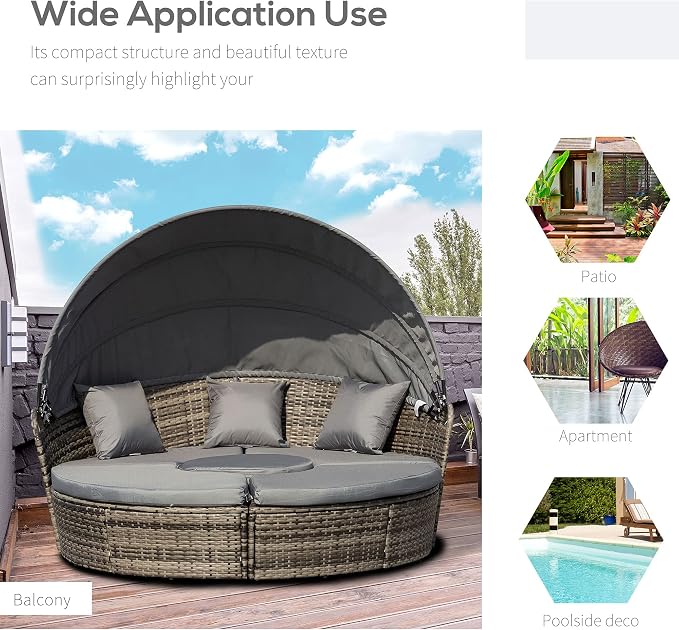 Outsunny 4-Piece Round Convertible Daybed with Cushions, Outdoor PE Rattan Patio Wicker Sofa Set, Sunbed with Adjustable Sun Canopy, Sectional Sofa, 2 Chairs, Table, 3 Pillows, Gray