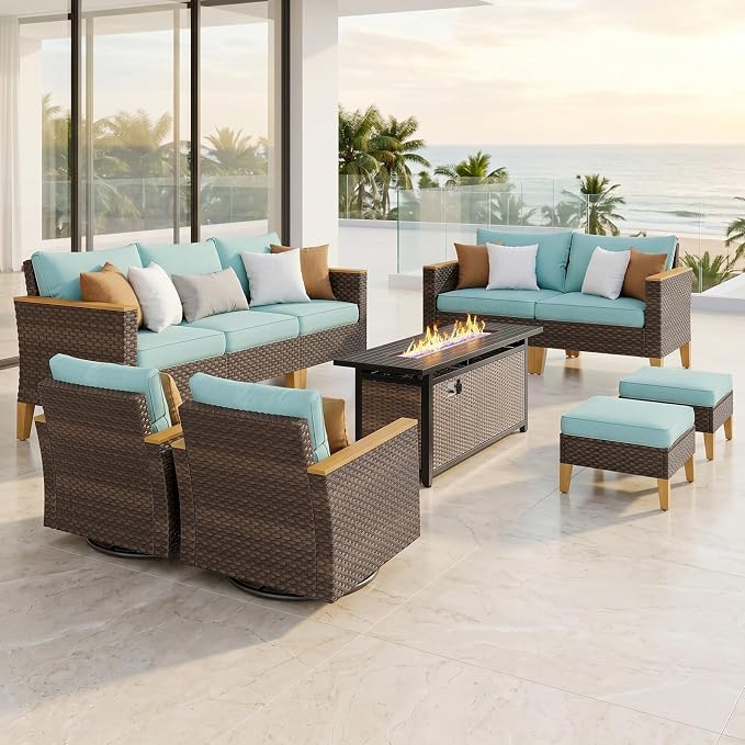 PHI VILLA Wicker Patio Furniture Set with 56" Fire Pit Table, 10 Pieces Outdoor Conversations Set, Rattan Patio Sectional Set with 2 Swivel Chairs, 3-Seater Sofa, Loveseat, 2 Ottomans, Aqua Blue
