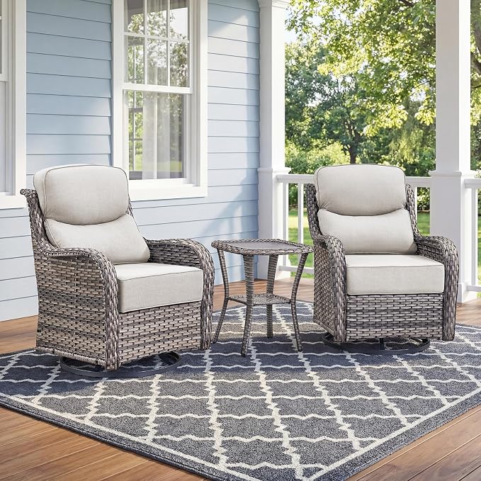 Luxury High Back Outdoor Swivel Rocker Patio Chairs with Side Table & 6-Inch Thick Cushions, 3 Pieces Patio Furniture Set for Porch, Balcony, Deck and Yard