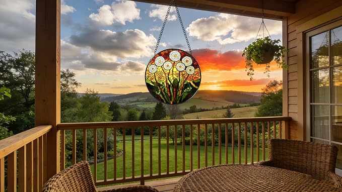 Stained Glass Window Hanging - Colorful Dandelion Pattern 6.3 Inches Suncatcher for Garden Home Decor for Women Mon Grandma Friends