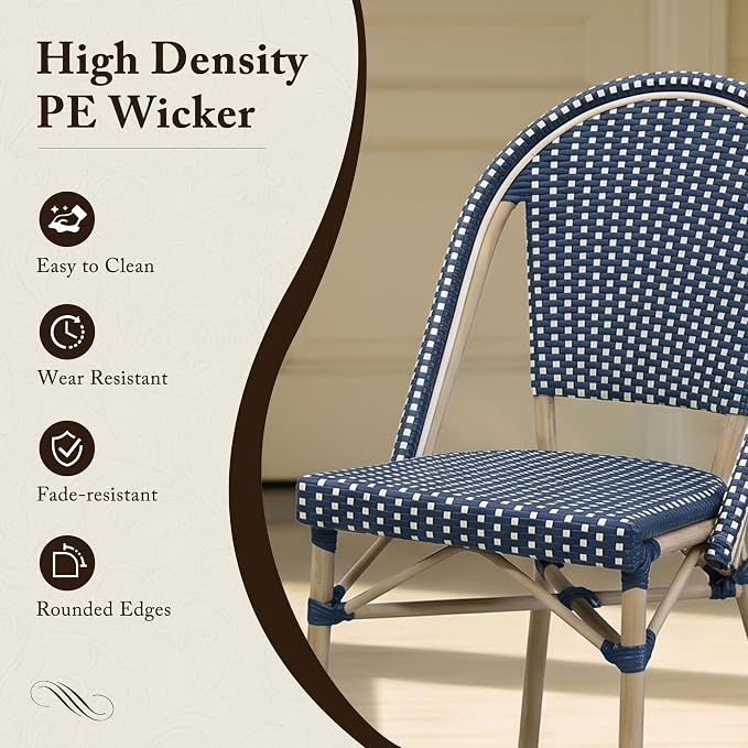 PURPLE LEAF 3-Piece French Bistro Dining Set Round Outdoor Patio Table and 2 Armless Chairs Tempered Glass Top PE Rattan Champagne Print Finish Aluminum Frame Navy Blue