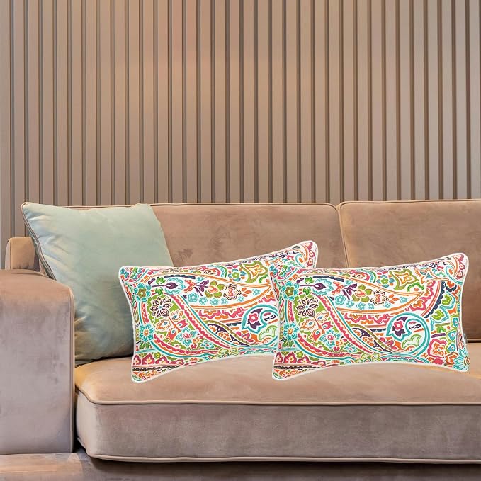 Outdoor Lumbar Pillow with Insert 12x20 Inch Pack of 2-Melora Paisley | Outdoor Pillows for Patio Furniture, Water-Repellent, Decorative Garden Pillows for Home Patio Coach Sofa Use