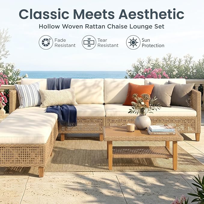 PHI VILLA Wicker Patio Furniture Set, Rattan Patio Sectional Sofa Outdoor Couch Set with Acacia Wood Coffee Table, 7 Pieces U-Shaped Patio Conversation Set for Backyard Porch, Beige Cushion
