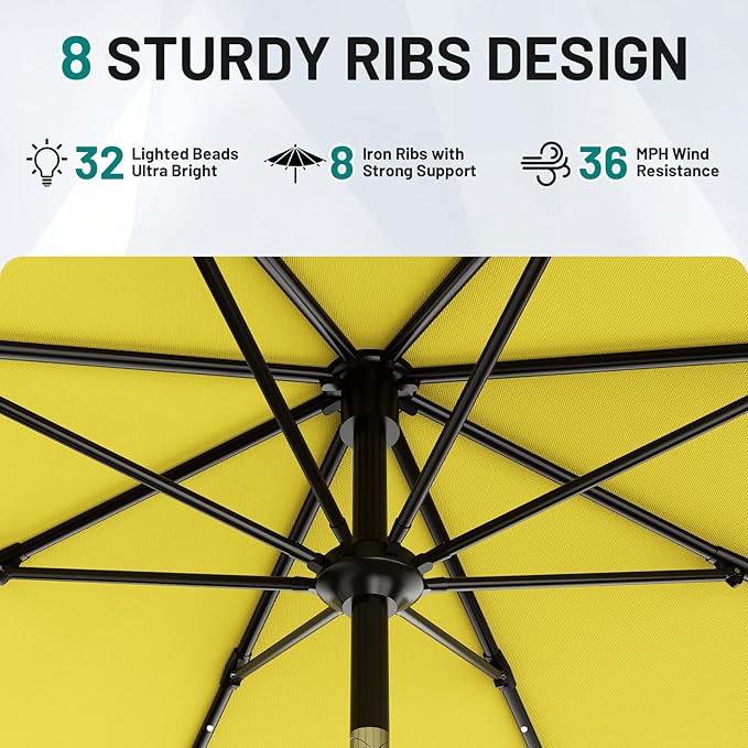 AreShark 9FT Patio Umbrella with Solar Lights, 32 Lighted Pool Umbrella w/Tilt and Crank, Outdoor Market Solar Umbrellas for Garden, Deck, Backyard, Pool and Beach, Yellow