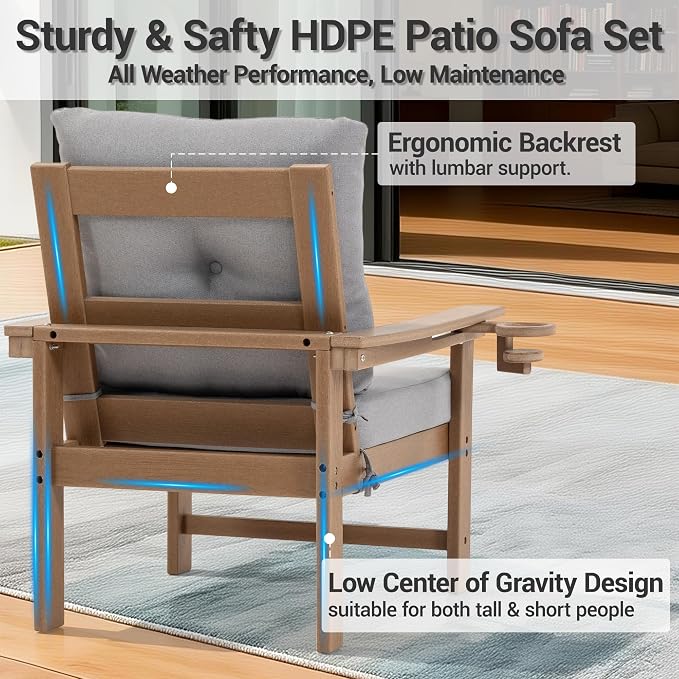HDPE 7 Piece Patio Furniture Set, Outdoor Sectional Sofa with Coffee Table, Side Table and Seat Cusions, Patio Conversation Set for Party, Backyard, Porch, Deck, Poolside, Brown & Grey