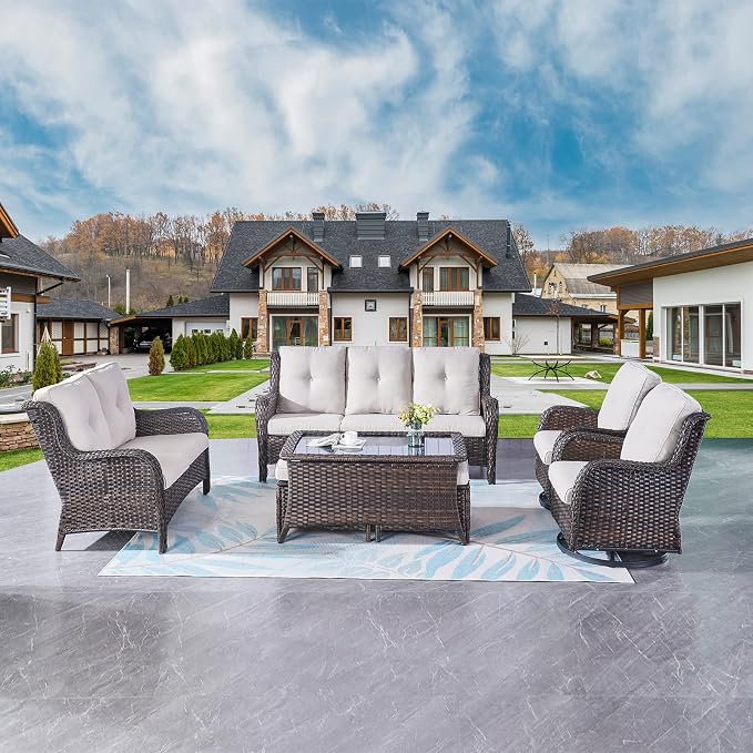 Rilyson Wicker Patio Furniture Set - 7 PC Rattan Outdoor Sectional Conversation Sets with 2 Rocking Swivel Chairs,2 Ottomans,1 Sofa,1 Loveseat and 1 Coffee Table for Porch Deck(Brown/Beige)