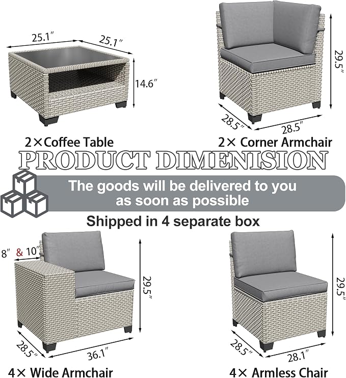 12-Piece Outdoor Patio Furniture Set, Modular Sectional Sofa Set with Glass Coffee Table and Cushions, Wicker Outdoor Couch Conversation Sets, Gray