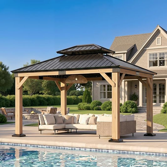 Wood Gazebo 10' x 12', Permanent Pavilion with Hardtop Galvanized Steel Double Roof, Cedar Gazebo with 4.72" Thickened Wooden Posts for Poolside, Patio, Backyard, Garden and Deck
