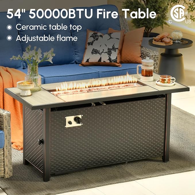 9 Pcs Outdoor Sectional Patio Furniture Set with Fire Pit Table and Swivel Rocking Chairs - All Weather Wicker Modular Outside Sectional Couch,Patio Seating Outdoor Conversation Sets,Blue