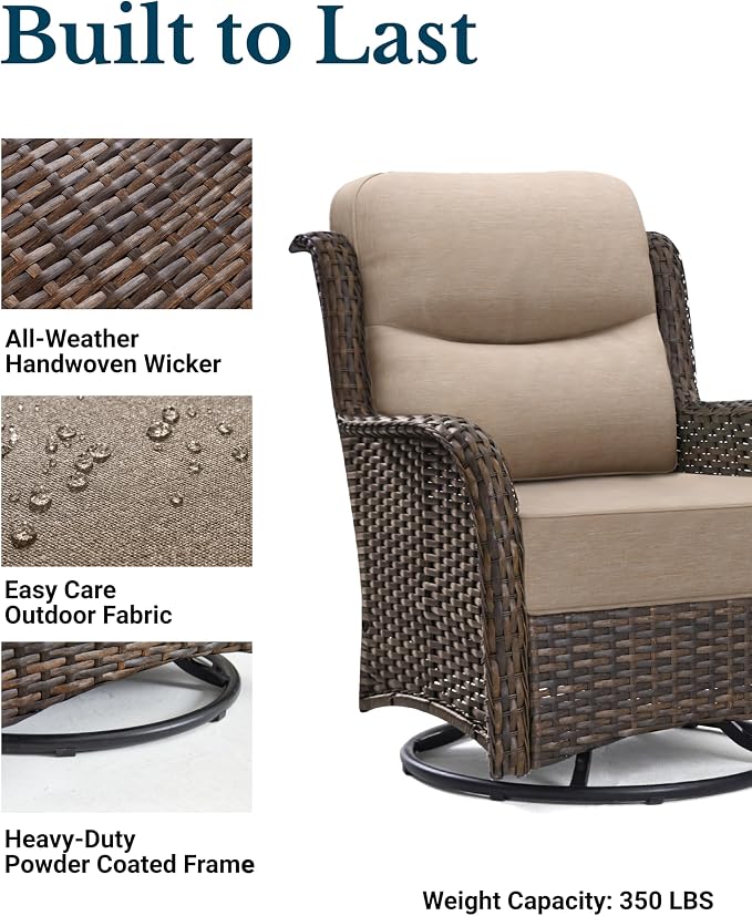 HILLGA Luxury 5PCS Outdoor Swivel Rocker Patio Chairs of 2 with 6 Inch Thick Cushions and Side Table, All Weather Outdoor Chairs High Back Wicker Patio Furniture Set for Porch and Deck, Beige