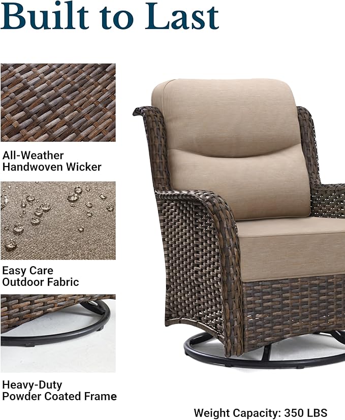 HILLGA Luxury Outdoor Patio Furniture Set with 6-Inch Thick Cushions, High Back Wicker Swivel Rocker Chairs, 5 Pcs All Weather Conversation Set for Large Deck, Yard and Poolside, Beige (V3)