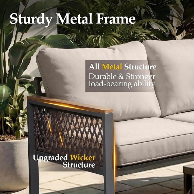 UPHA 7 Pieces Patio Furniture Set with 42" Propane Gas Fire Pit Table, Metal Outdoor Sectional Couch Set with Loveseat & 3-Seat Sofa, Modern Patio Conversation Set for Porch Balcony Deck, Beige