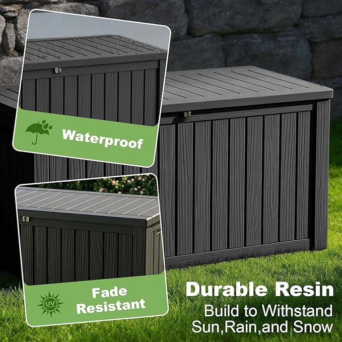 Vixzen 180 Gallon Deck Boxes Outdoor Waterproof, Resin Lockable Storage Box for Patio Cushions Storage Furniture, Garden Tools, Pool Supplies, Weatherproof and UV Resistant (Black, 180 Gallon)