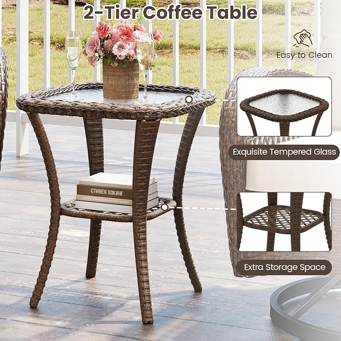 HAPPYGRILL 3 Pieces Patio Furniture Set Outdoor Rattan Swivel Rocker Chairs with Side Table, Outside Sectional Conversation Set with Swivel Rocking Chairs for Deck Porch Garden (White)